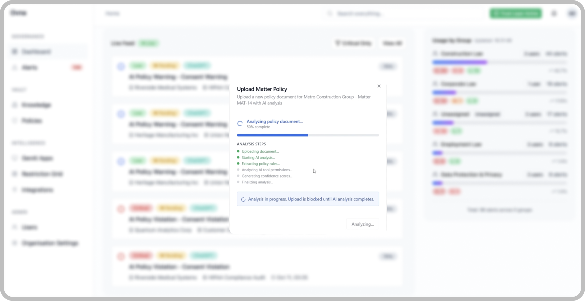 Orchestra Engine dashboard showing real-time AI interactions, policy enforcement, and activity monitoring