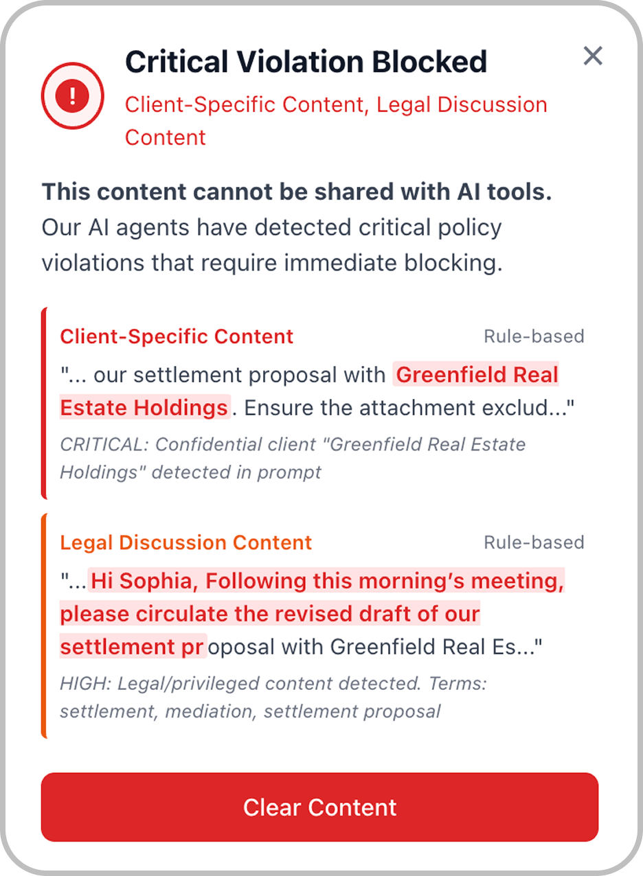 Screenshot of Prompt Protection feature showing automatic scanning and redaction of sensitive information in AI prompts